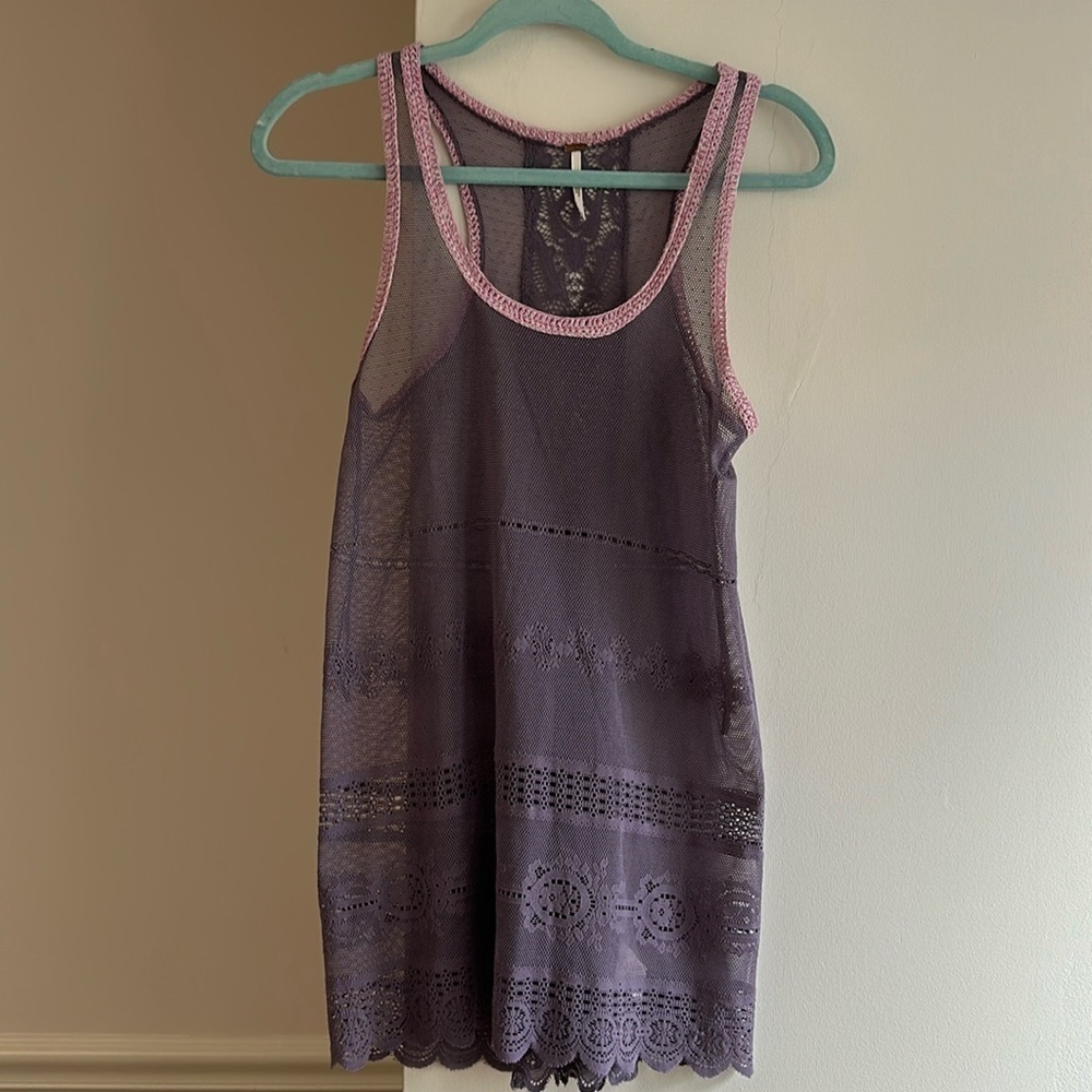 Free People Sheer Tank Top Tunic Minidress Lavender Pink Trim Small EUC